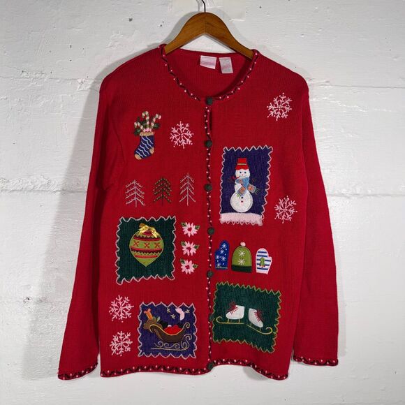 Vintage Red Embroidered Christmas Sweater Applique Holiday Medium Cherokee - Picture 1 of 9